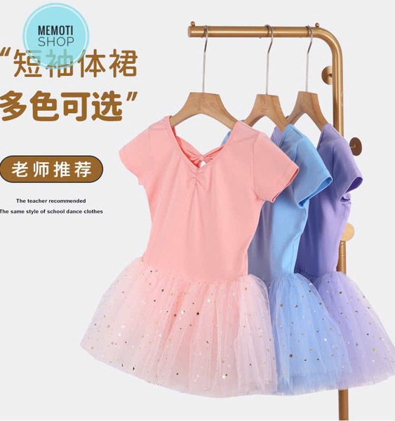 Váy múa nơ lưng sao tay ngắn (tím, xanh, hồng)