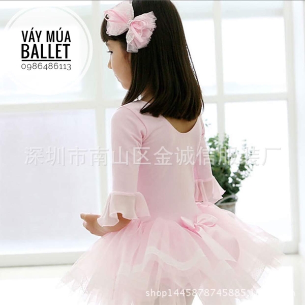 Váy múa tay loe lỡ màu hồng