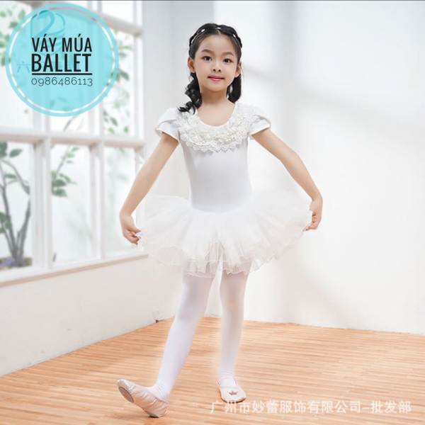 Váy múa hoa cổ ren ngọc (hồng, trắng)