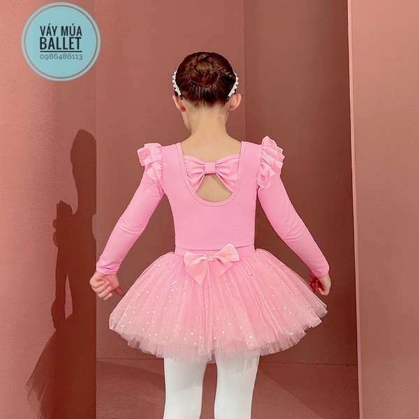 Set áo váy múa tiên nơ lưng sao dài tay (hồng, trắng)