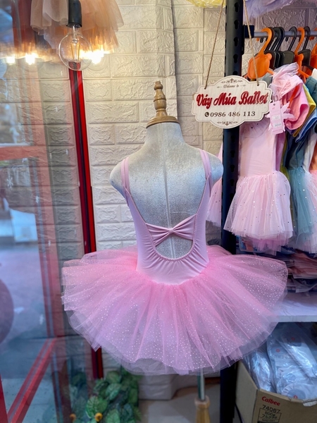 Váy múa dây nơ đáp ngực hồng lấp lánh