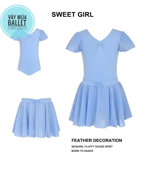 Set áo váy tập múa tay búp sao (tím, xanh, hồng)
