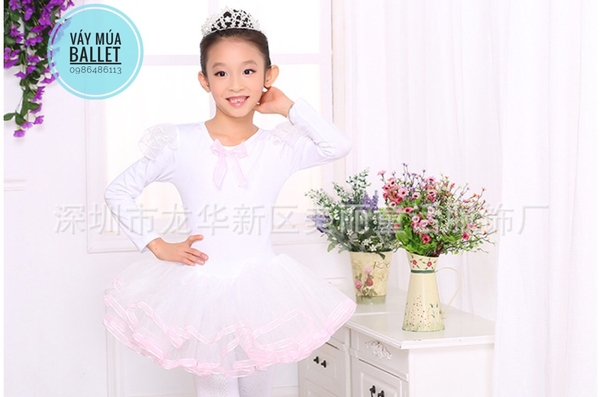 Váy múa tiên viền dài tay màu hồng, trắng, vàng