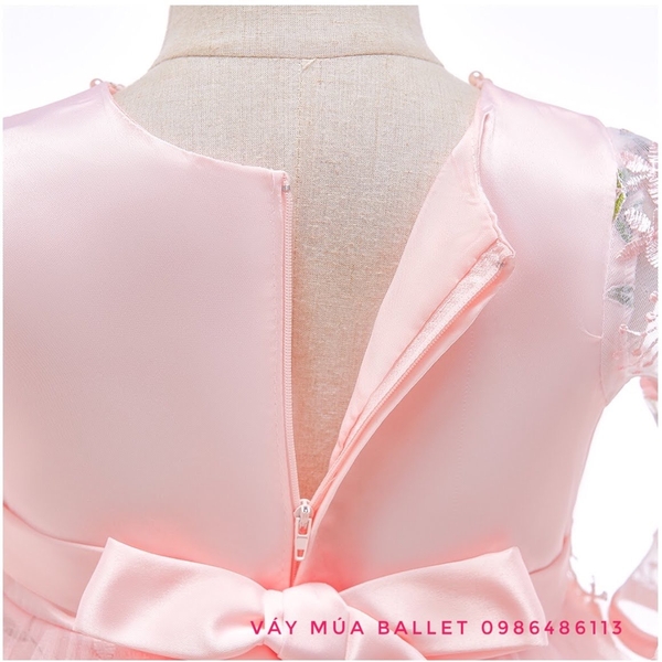 Váy công chúa ren 3D tay loe lỡ màu hồng, ghi