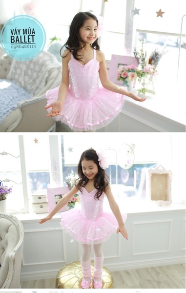 Váy múa 2 dây chéo phối ren mềm mại