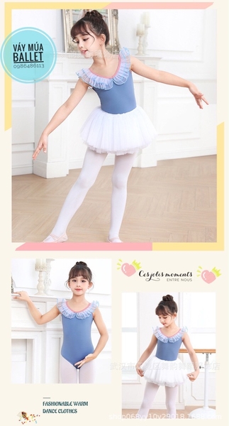 Áo tập múa viền bèo cổ (ko chân váy) xanh, hồng