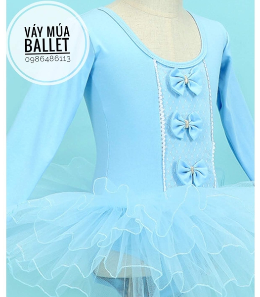 Váy múa 3 nơ dài tay màu xanh