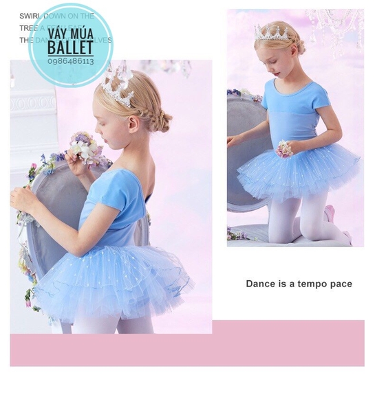 Váy múa lưng V chân bi tay ngắn (hồng, tím, xanh)