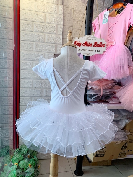 Váy múa tiên tay ngắn von lấp lánh trắng