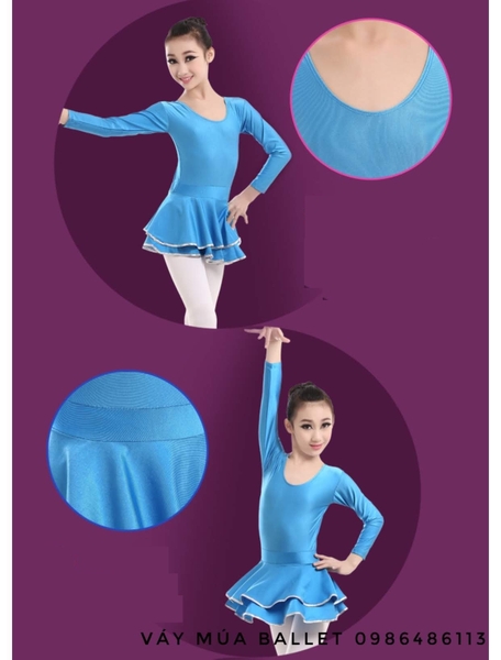 Váy tập khiêu vũ 2 tầng dài tay màu vàng, hồng, xanh