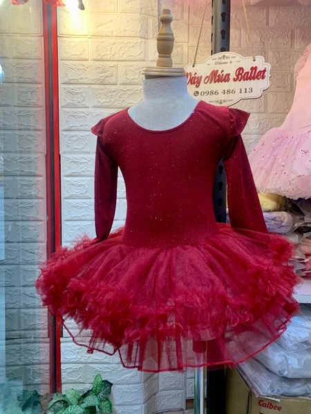 Váy múa thun nhũ tiên tutu đỏ đô dài tay