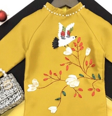 Bộ áo dài gấm thêu hoa- Hạc