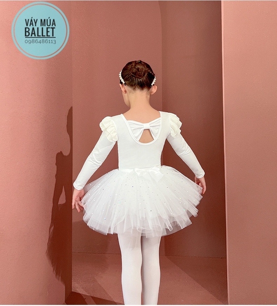 Set áo váy múa tiên nơ lưng sao dài tay (hồng, trắng)