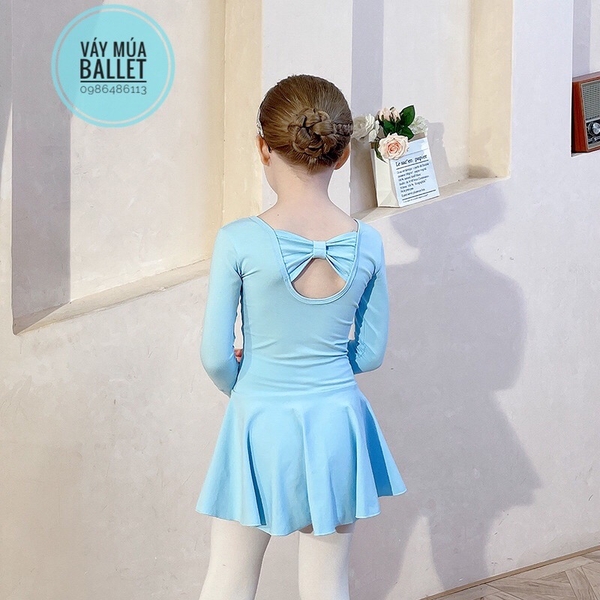 Váy tập múa cotton nơ lưng dài tay hồng