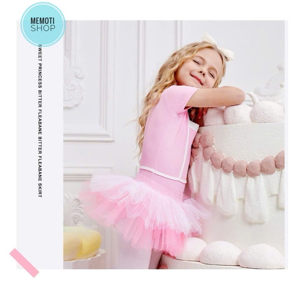 Set áo váy múa đáp ngực tay ngắn hồng