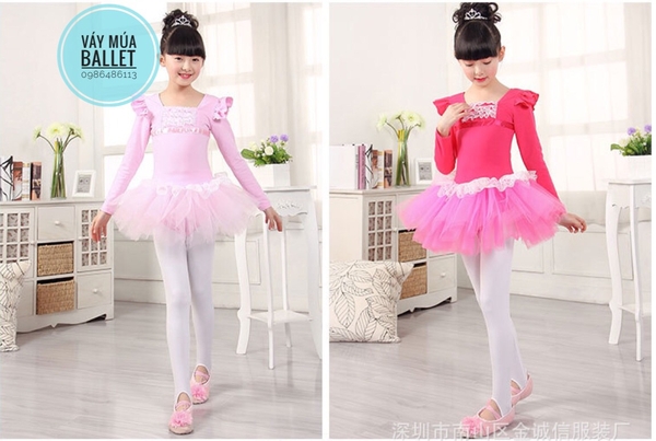 Váy múa ren bèo dài tay (hồng, xanh, đậm)