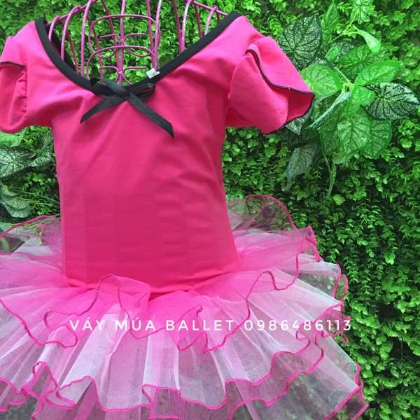Váy múa hồng đậm phối trắng tay búp