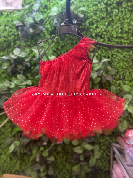 Váy múa lệch vai đỏ nhũ lấp lánh