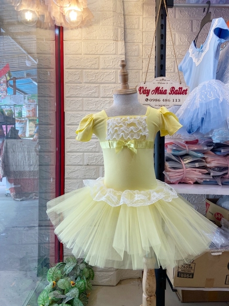 Váy múa phối ren ngực bèo tay búp (hồng, xanh, vàng)