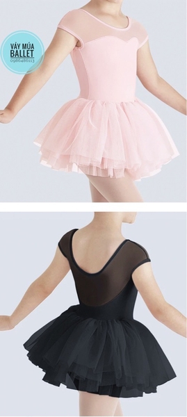 Váy múa phối voan lưng mềm tay ngắn (hồng, đen)