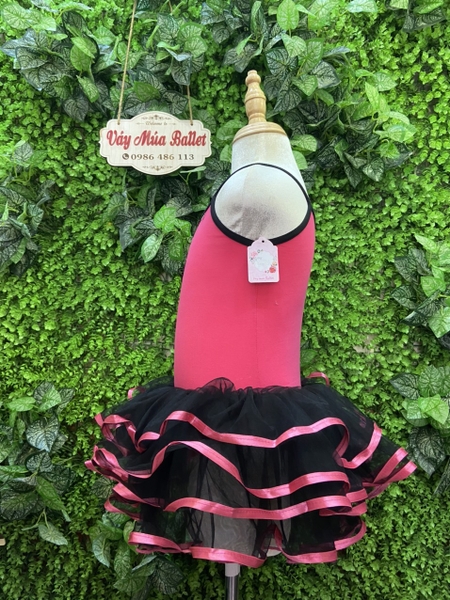 Váy múa 2 dây hồng phối đen hoa ren