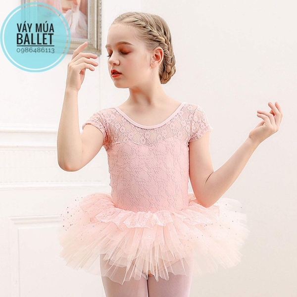 Váy múa phối ren bèo sao tay ngắn (hồng, tím, đen)