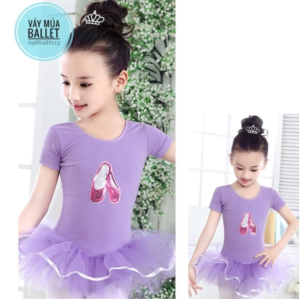 Váy múa kimsa giày tay ngắn màu hồng, tím
