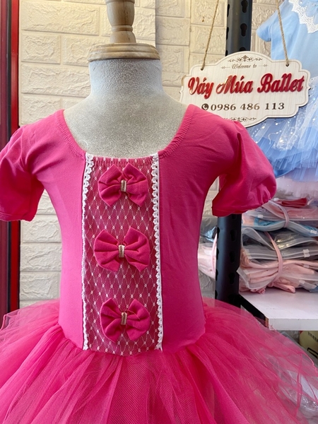 Váy múa ba nơ tay ngắn hồng đậm
