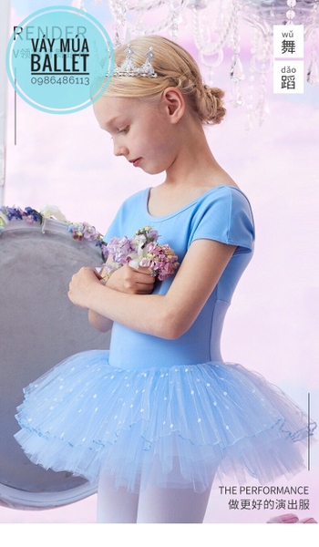 Váy múa lưng V chân bi tay ngắn (hồng, tím, xanh)