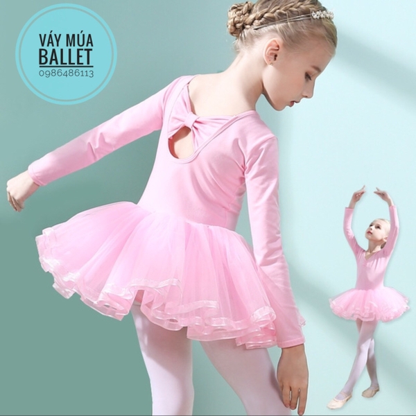 Váy múa nơ lưng viền dài tay (tím, hồng, xanh)