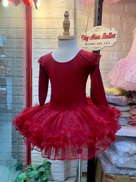 Váy múa thun nhũ tiên tutu đỏ đô dài tay