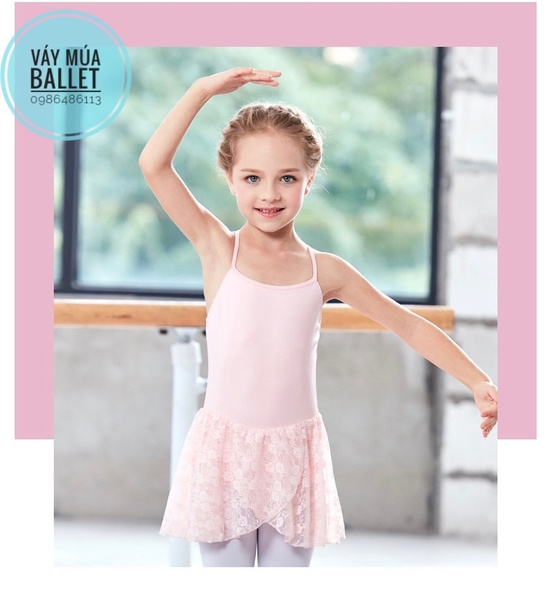 Váy tập múa 2 dây phối ren chéo (hồng, đen)