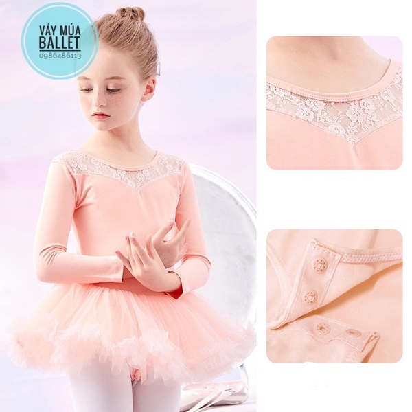 Váy múa phối ren tutu dài (hồng đỏ, hồng cam)