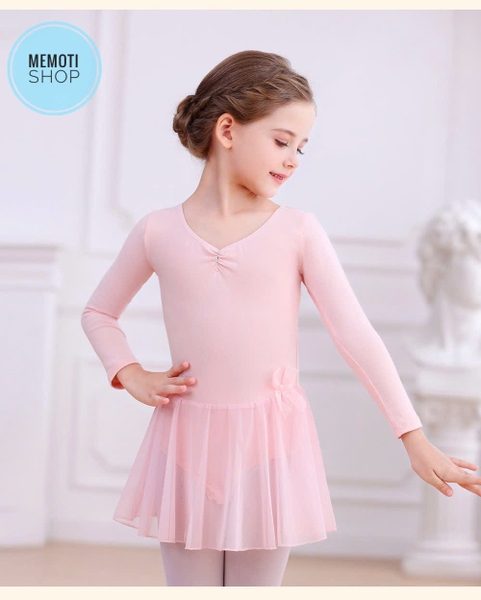 Váy tập múa voan nơ eo dài tay (hồng, tím, xanh)