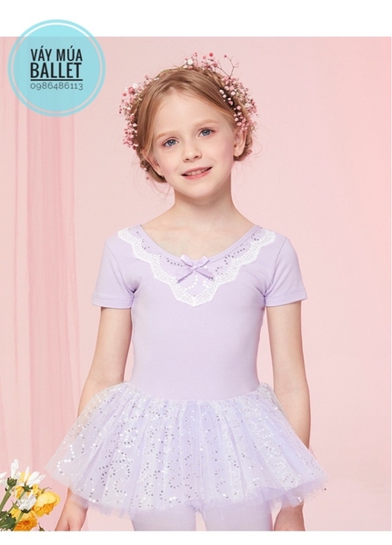 Váy múa phối ren ngực sao tay ngắn (tím, xanh, hồng)