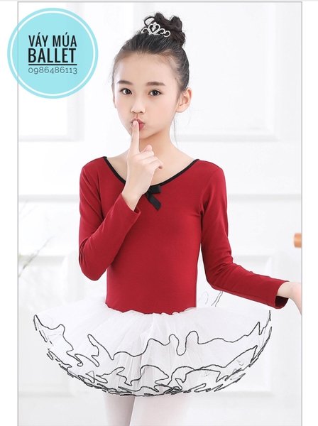 Set Váy múa phối viền đen dài tay màu hồng, đỏ đô