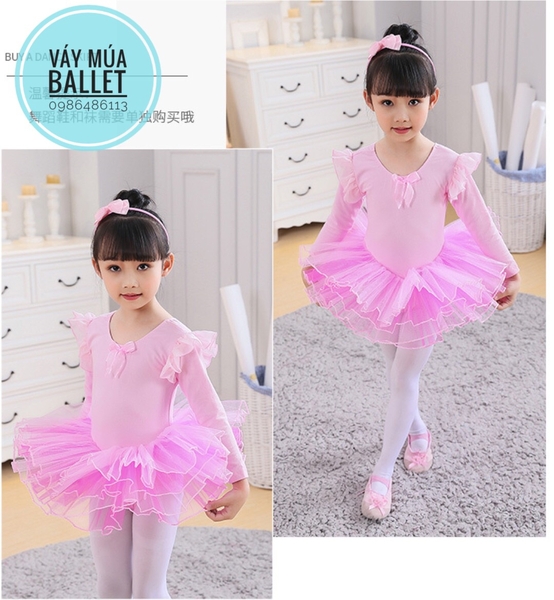 Váy múa tiên dài tay phối màu trắng, hồng