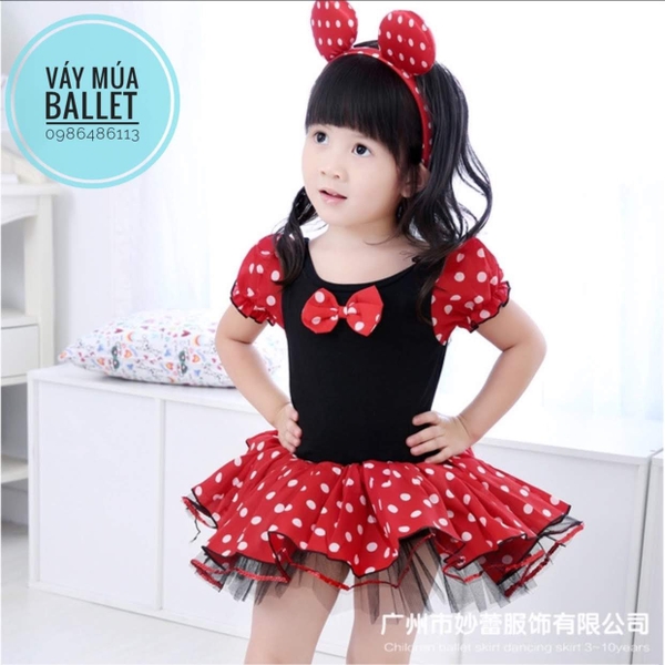 Váy múa Micky đỏ chấm bi kèm bờm