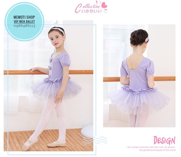 Váy múa ba nơ ngắn tay (tím, hồng)