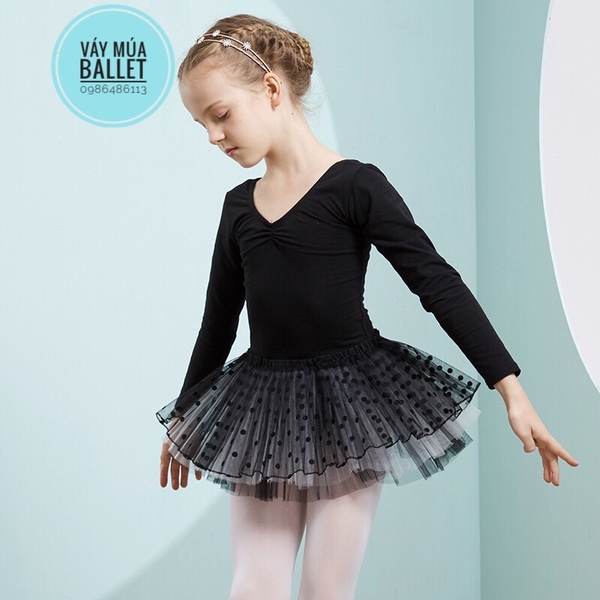 Váy múa basic chân váy chấm bi dài tay (đen, hồng, tím)