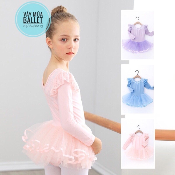 Váy múa phối ren tiên dài tay (xanh, hồng, tím)