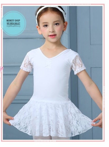 Váy tập múa ren ngắn tay (trắng, hồng)