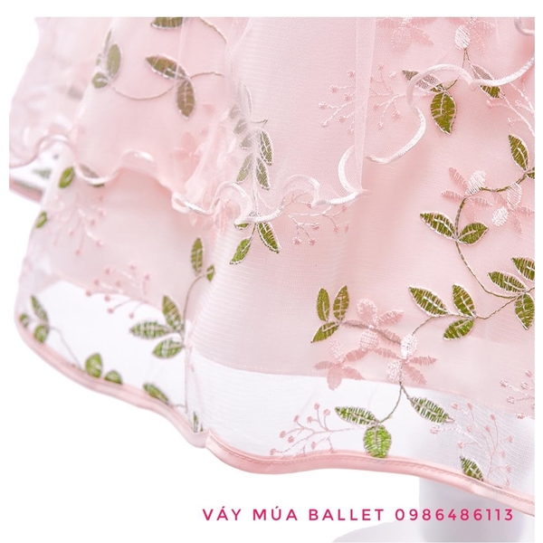 Váy công chúa ren 3D tay loe lỡ màu hồng, ghi