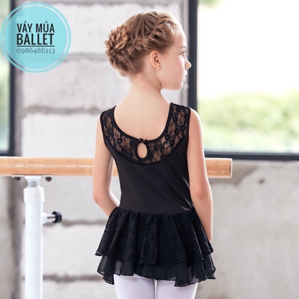 Váy tập múa ba lỗ phối ren 2 tầng (hồng, đen)