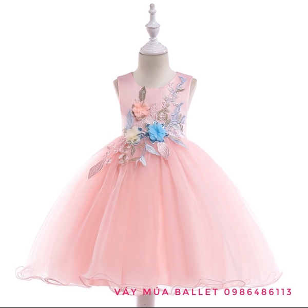 Váy công chúa hoa ngực 3D màu vàng, hồng, xanh