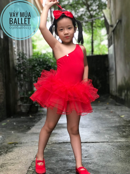 Váy múa lệch vai tay rời đỏ