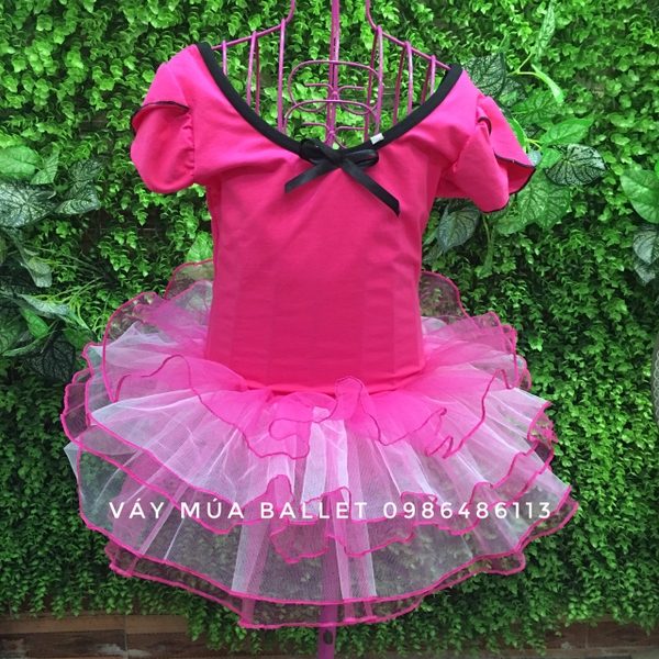 Váy múa hồng đậm phối trắng tay búp