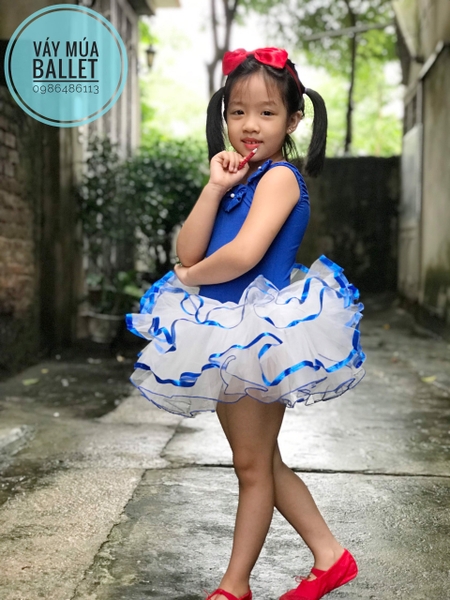 Váy múa hoa cổ xanh coban