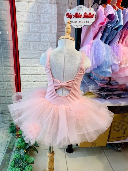 Váy múa cotton đá dây voan hoa bồng