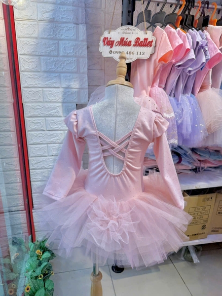 Váy múa tiên dài tay cotton đá hoa bồng